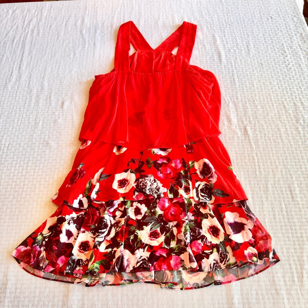Badgley Mischka for Le Tote Red Floral Tiered Ruffle Mini Dress Size 10 BL3252